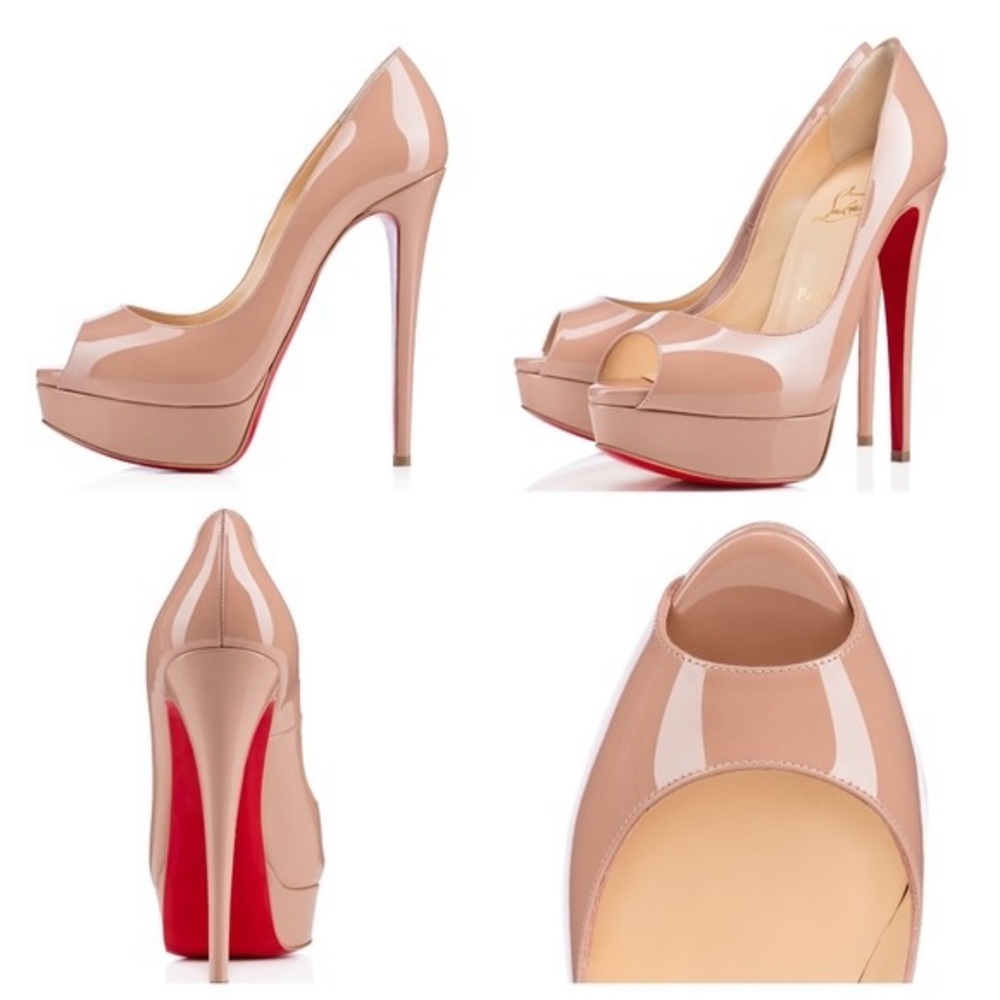 Nude Christian Louboutin Lady Peep 150 Patent Calf Open Toe Heels 👠